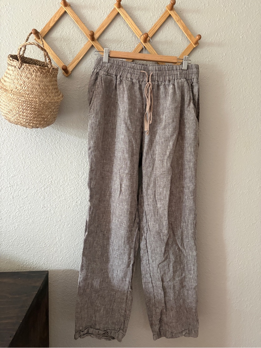 LenOk Relaxed 100% Linen Women’s Pants, Taupe size Large